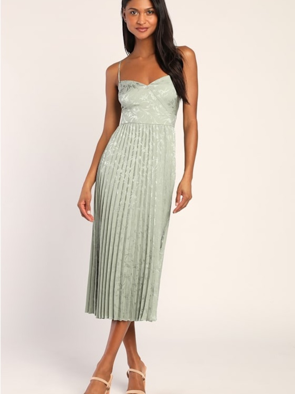 Lulus Regal Romance Sage Floral Jacquard Pleated Satin Midi Dress NWT